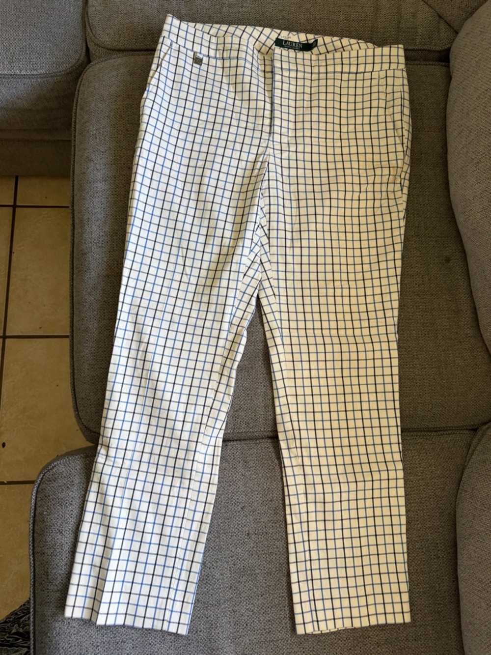 Ralph Lauren White Pants with Blue Windowpane Grid